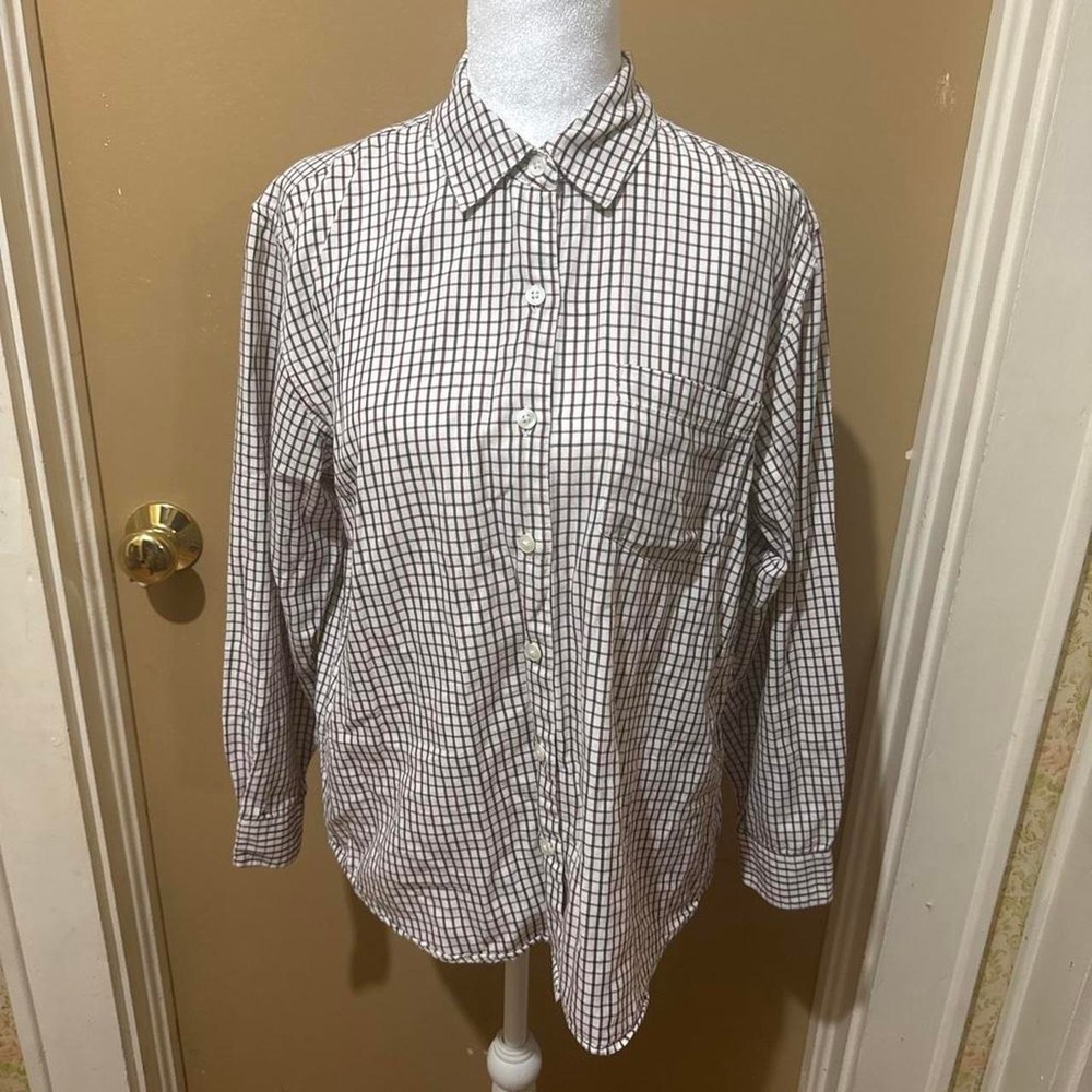 Talbots Button Down Shirt Womens S Petite White Plaid Good Long Sleeve Grid